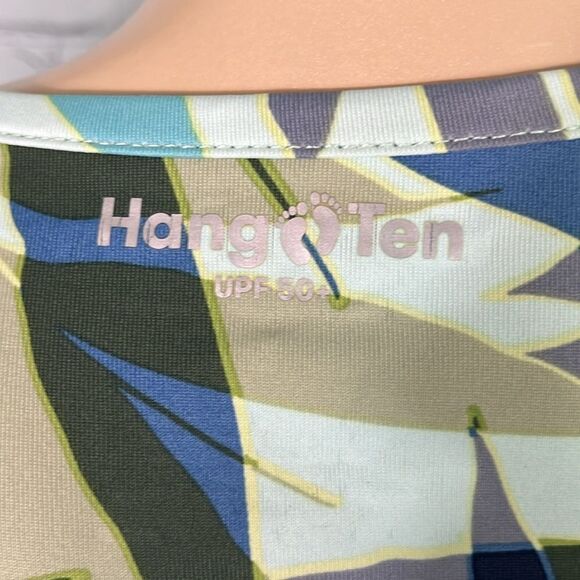 Hang Ten UPF 50+ Tropical Leaf Print Long Sleeve Athletic Top Blue Green White - Picture 5 of 6